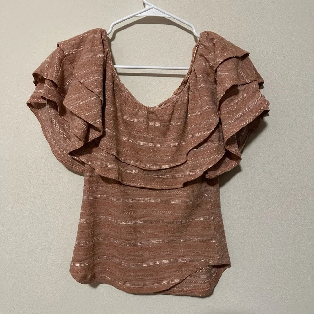 NWT Free People "Heirloom" Slub Knit Ruffle Top in "Doe Combo" Blush Pink size L - Picture 4 of 8